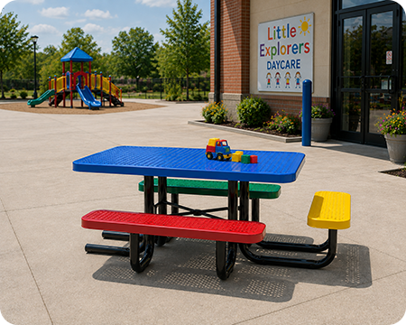 Commercial children ADA picnic tables designed for different age groups